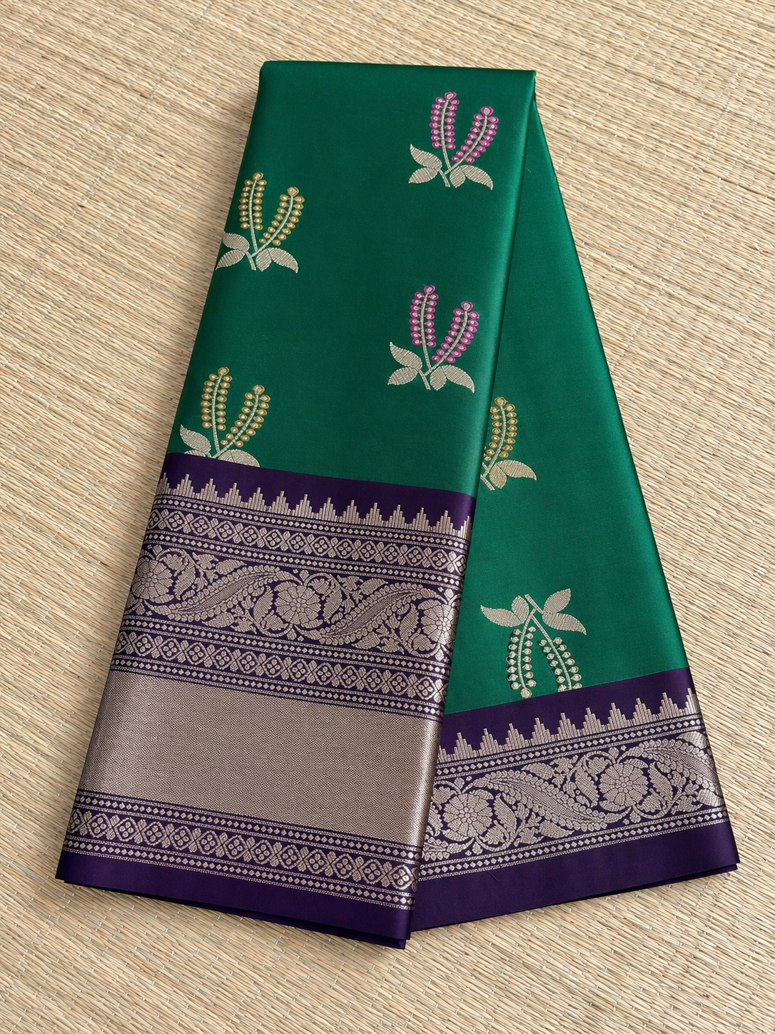 Semi Kanchi Soft Silk Saree - Emerald Green with Violet Border - Full Look