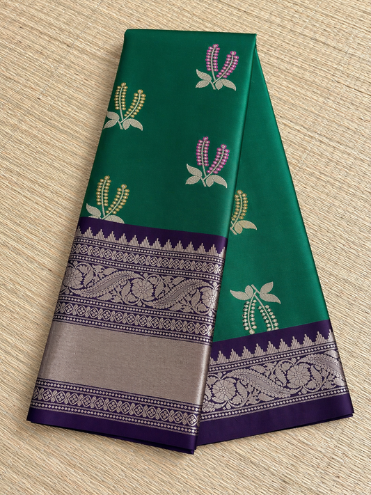 Semi Kanchi Soft Silk Saree - Emerald Green with Violet Border - Full Look