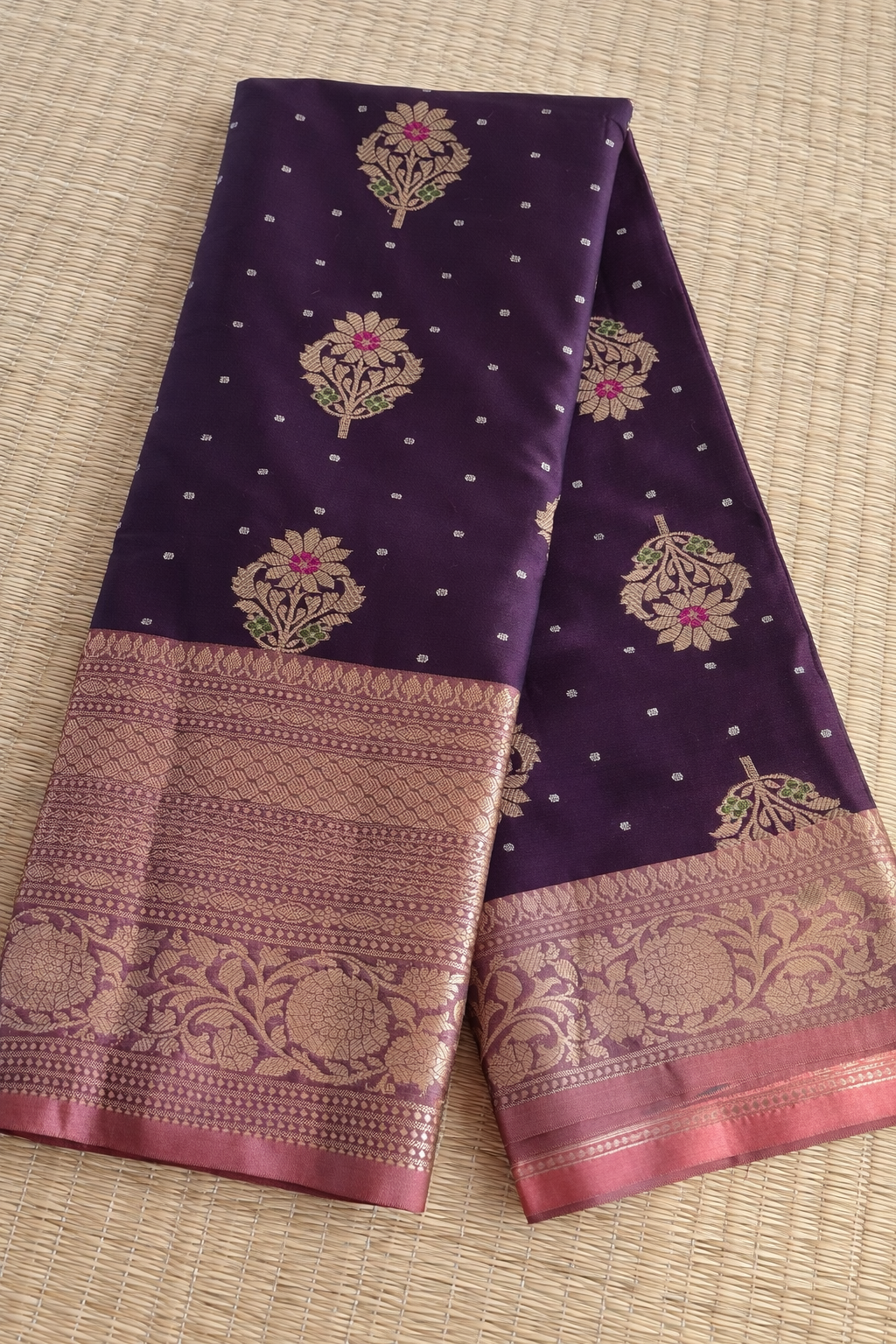 Semi Kanchi Soft Silk Saree - Wine with Dusky Rose Border - Full Look