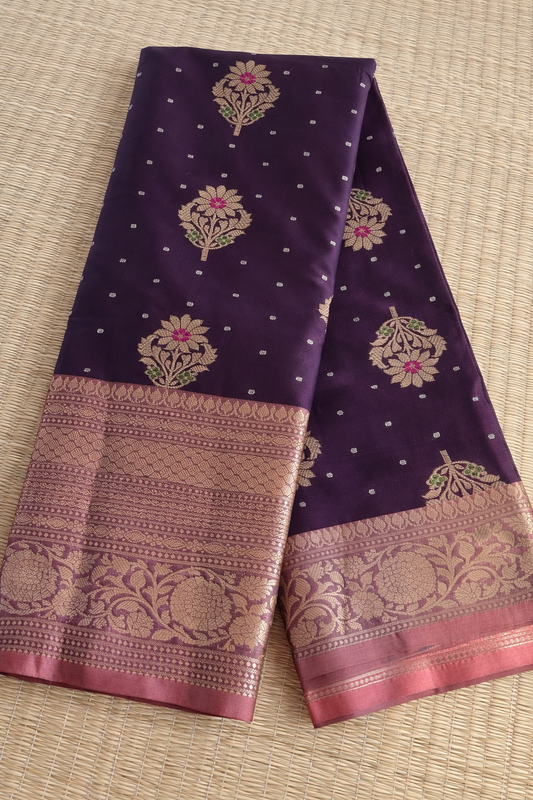Semi Kanchi Soft Silk Saree - Wine with Dusky Rose Border - Full Look