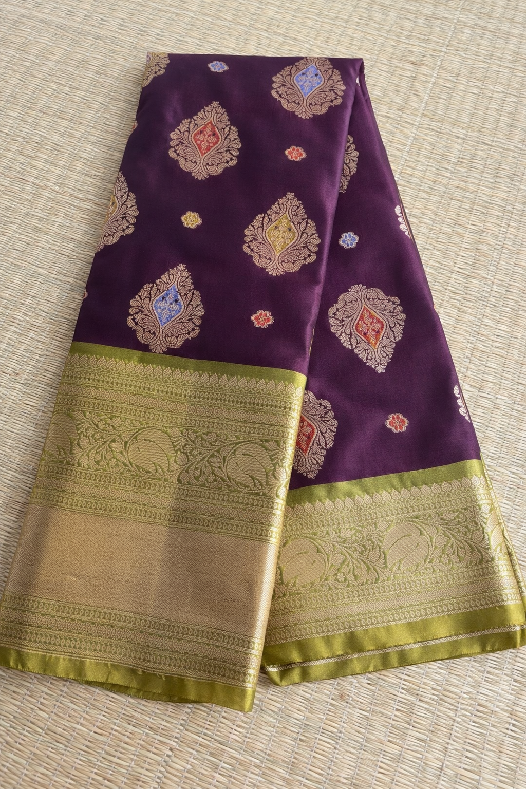 Semi Kanchi Soft Silk Saree - Wine with Leafy Green Border - Full Look