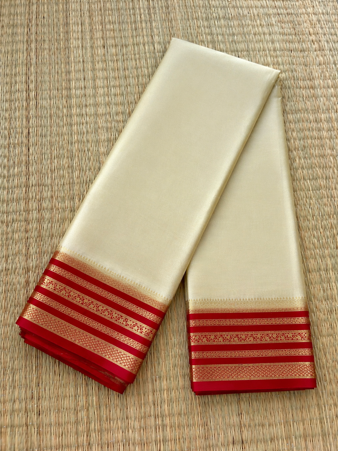 Semi Mysore Silk Saree - Cream with Red Border - Full Look