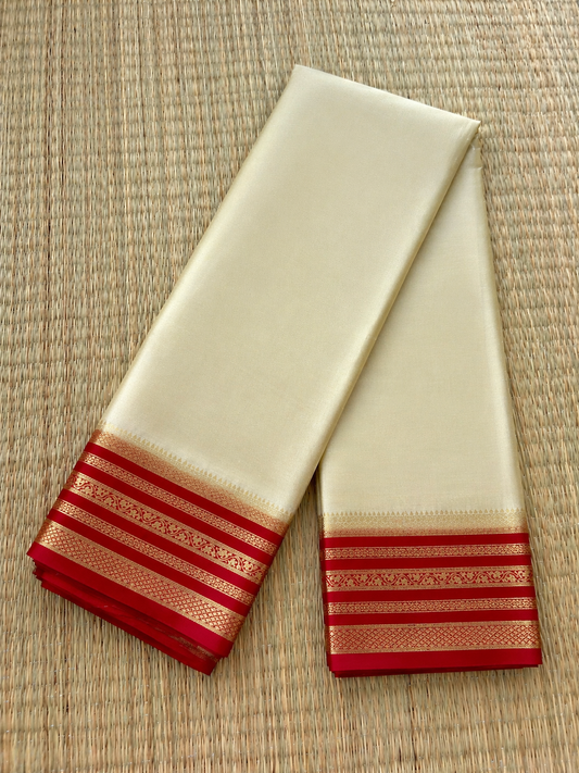 Semi Mysore Silk Saree - Cream with Red Border - Full Look