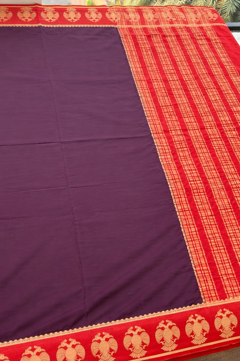 Semi Mysore Silk Saree - Plum with Crimson Red Border - Body Detail