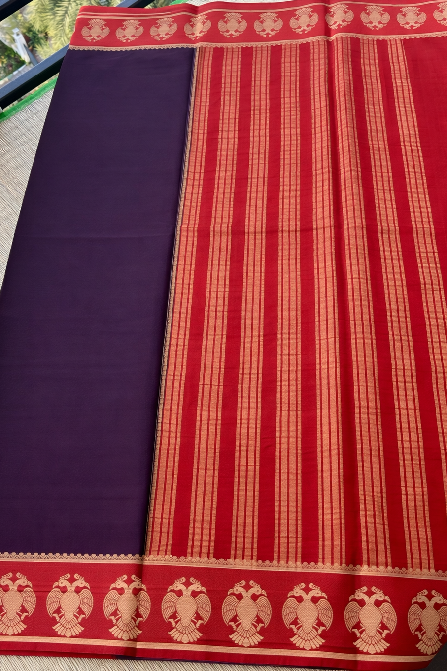 Semi Mysore Silk Saree - Plum with Crimson Red Border - Pallu Detail