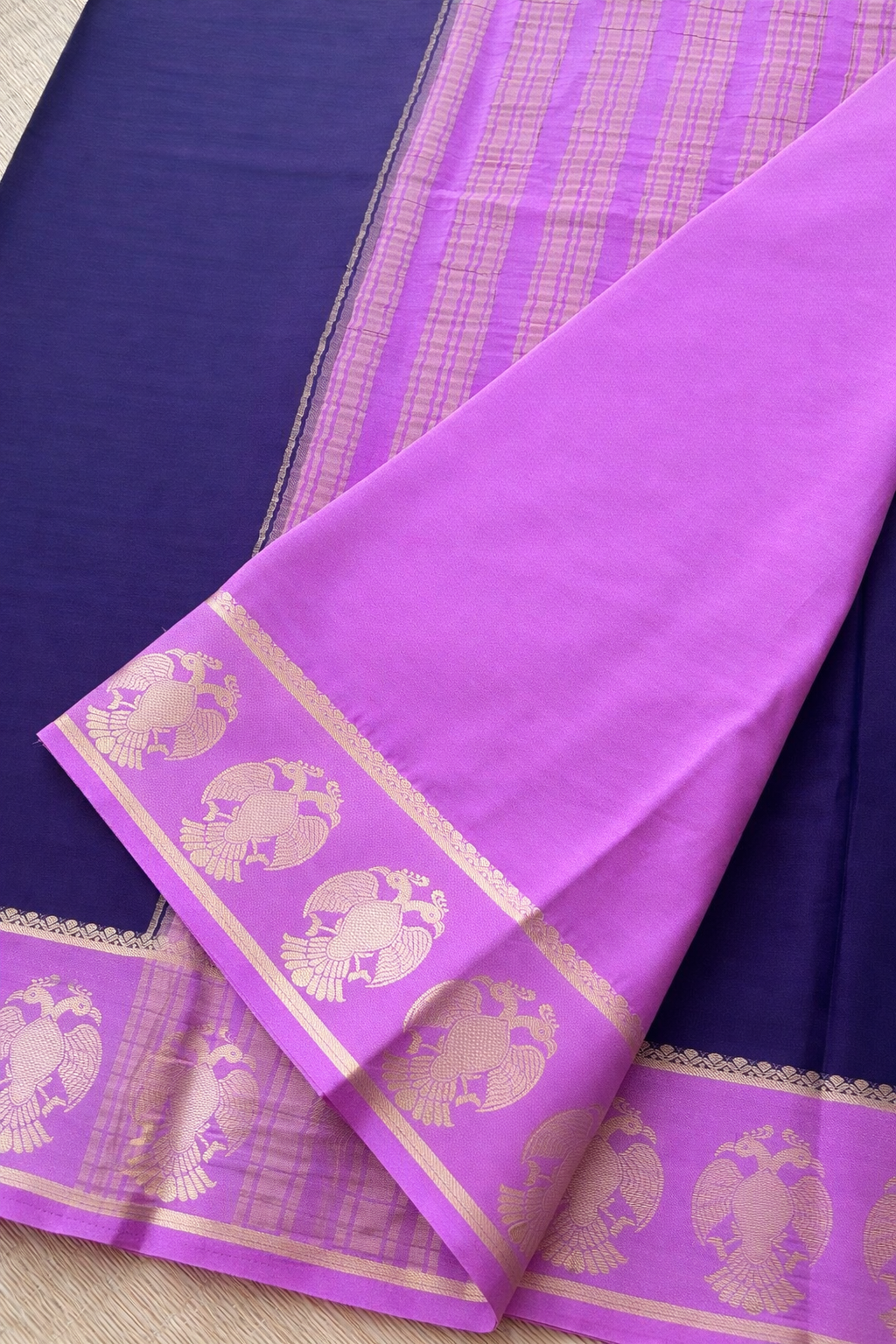 Semi Mysore Silk Saree - Purple with Lilac Border - Blouse Piece