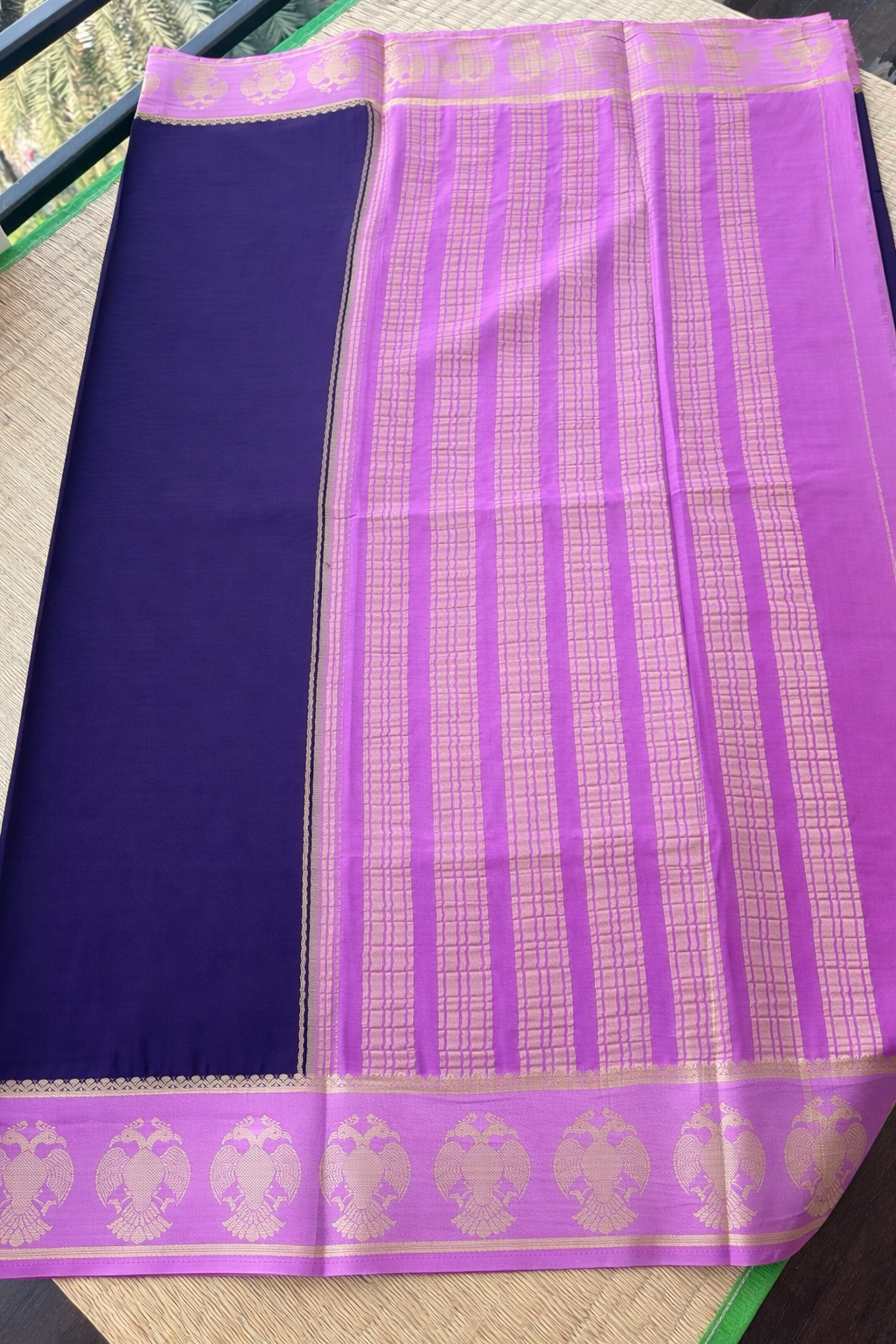 Semi Mysore Silk Saree - Purple with Lilac Border - Pallu Detail