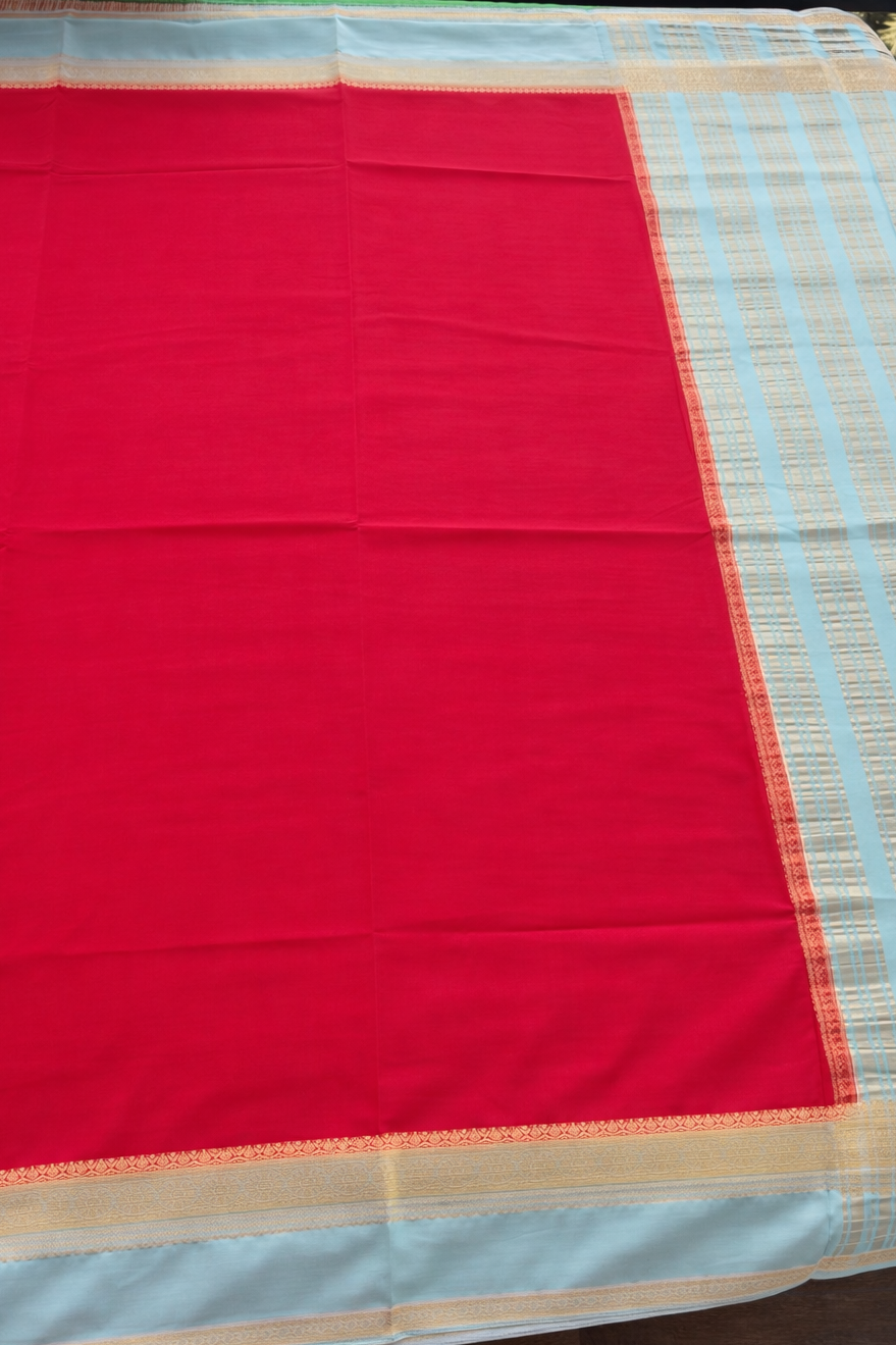 Semi Mysore Silk Saree - Red with Grey Border - Body Detail