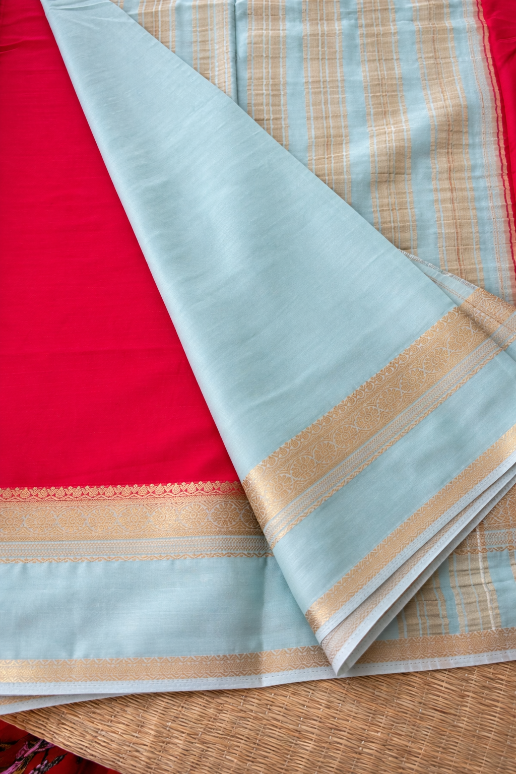 Semi Mysore Silk Saree - Red with Grey Border - Blouse Piece
