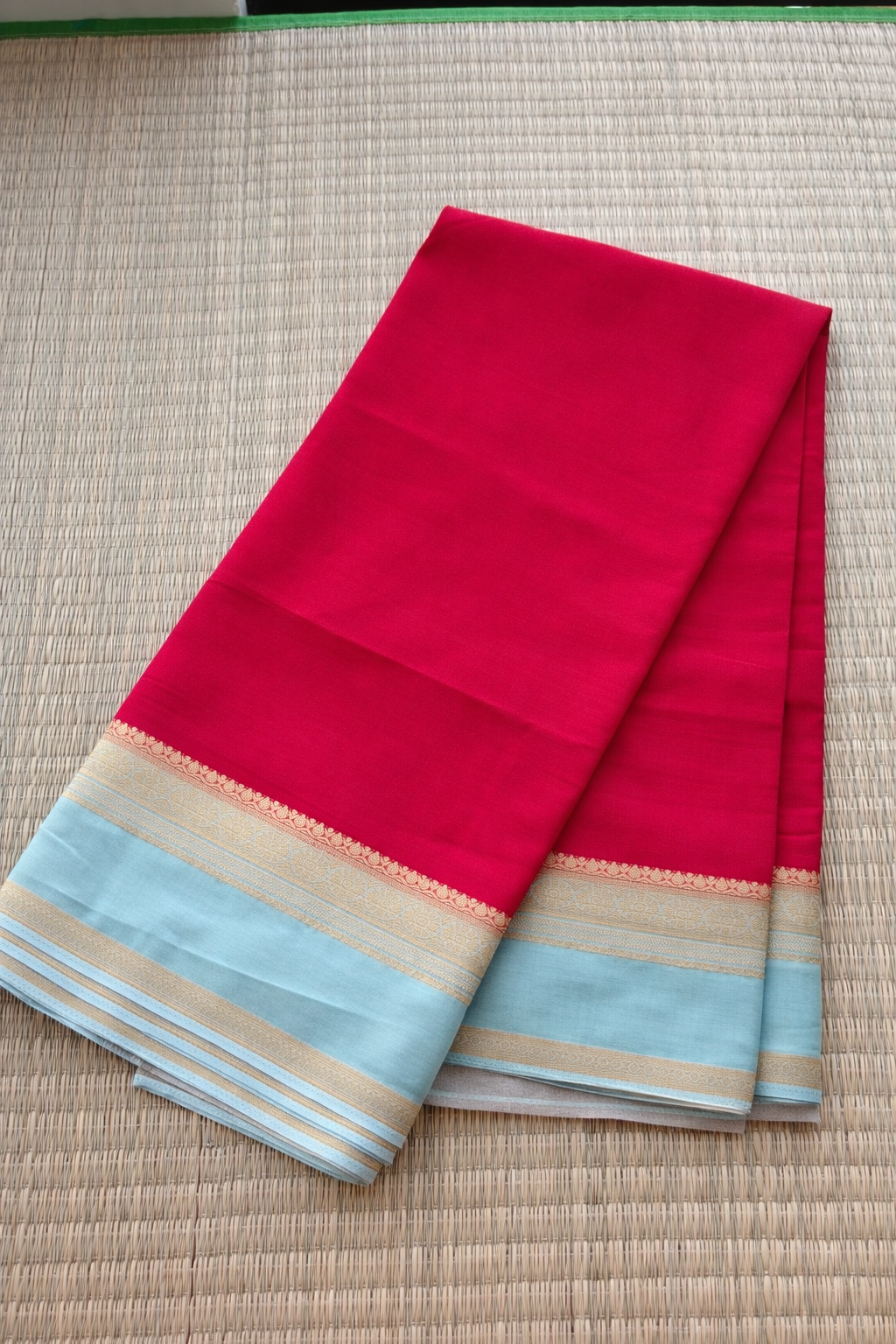 Semi Mysore Silk Saree - Red with Grey Border - Full Look
