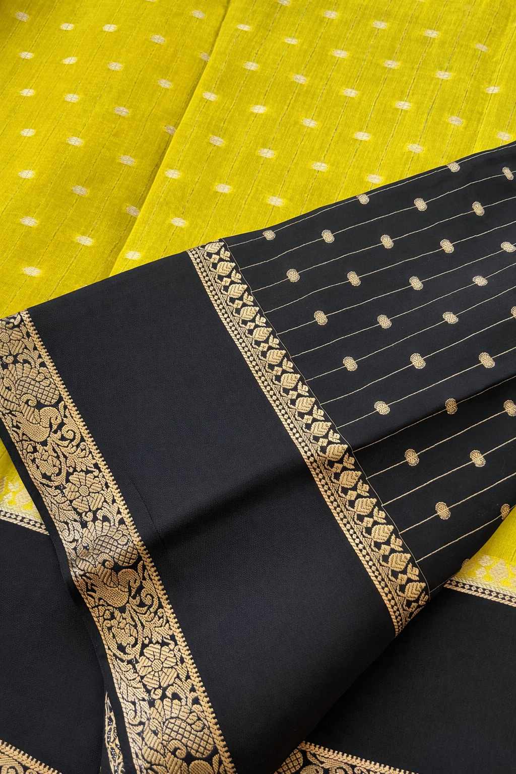 Semi Mysore Silk Saree - Yellow with Black Border & Zari - Blouse Piece