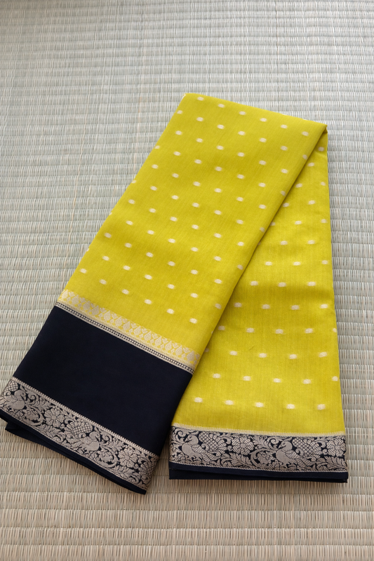 Semi Mysore Silk Saree - Yellow with Black Border & Zari - Full Look