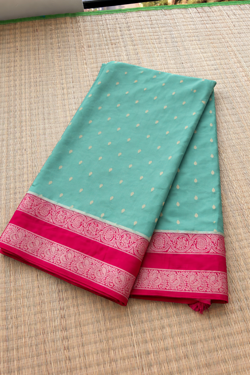 Semi Mysore Silk Saree - Green with Pink Border - Full Look