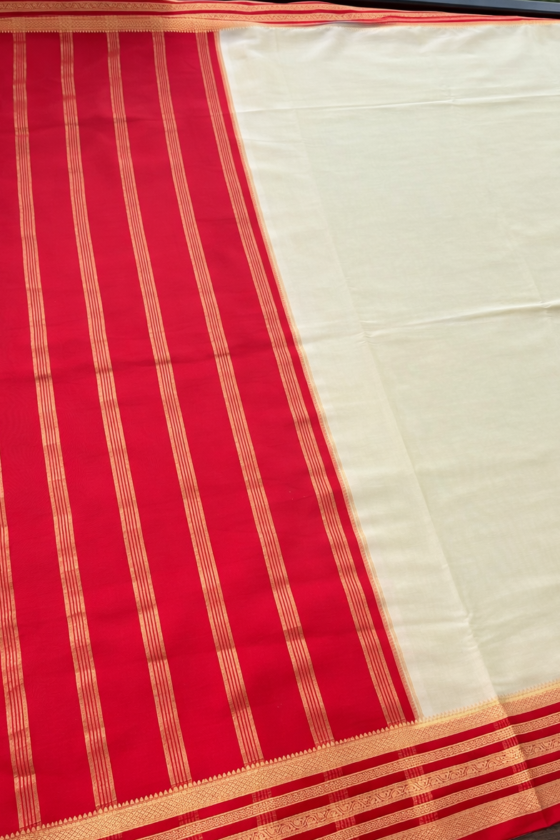 Semi Mysore Silk Saree - Cream with Red Border - Body Detail
