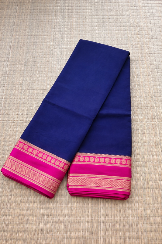 Semi Mysore Silk Saree - Blue with Pink Border - Full Look