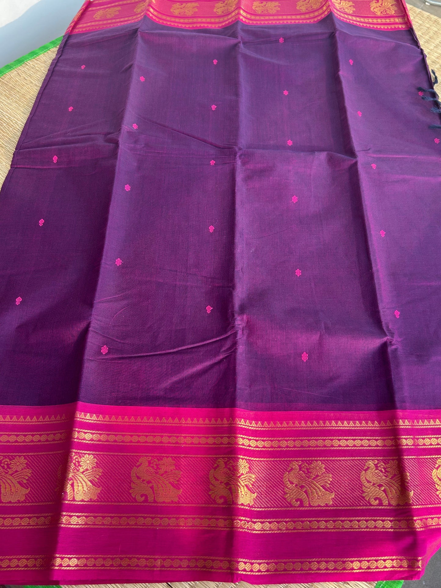 Kanchi Silk Cotton Saree - Wine Purple with Pink Border - Full Look