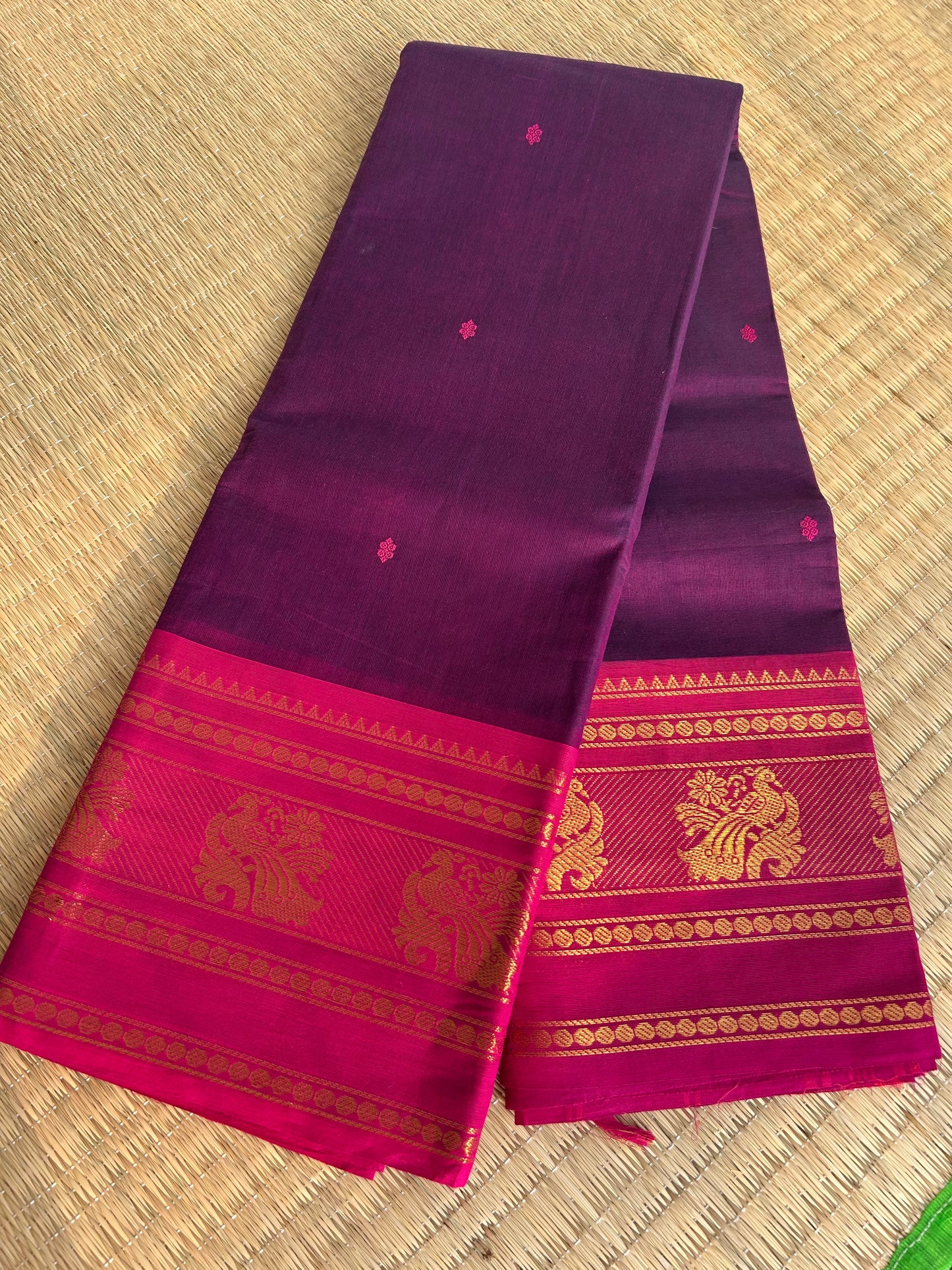 Kanchi Silk Cotton Saree - Wine Purple with Pink Border - Folded View