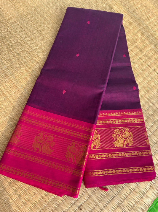Kanchi Silk Cotton Saree - Wine Purple with Pink Border - Folded View