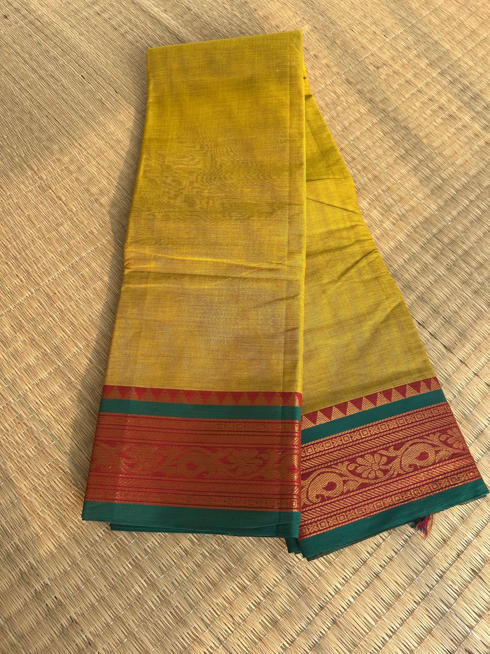 Kanchi Silk Cotton Saree - Mustard Yellow with Teal & Red Border - Folded View
